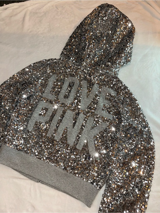 PINK Victoria's Secret Tops - PINK Victoria's Secret Silver Sequin 'LOVE PINK' Hoodie